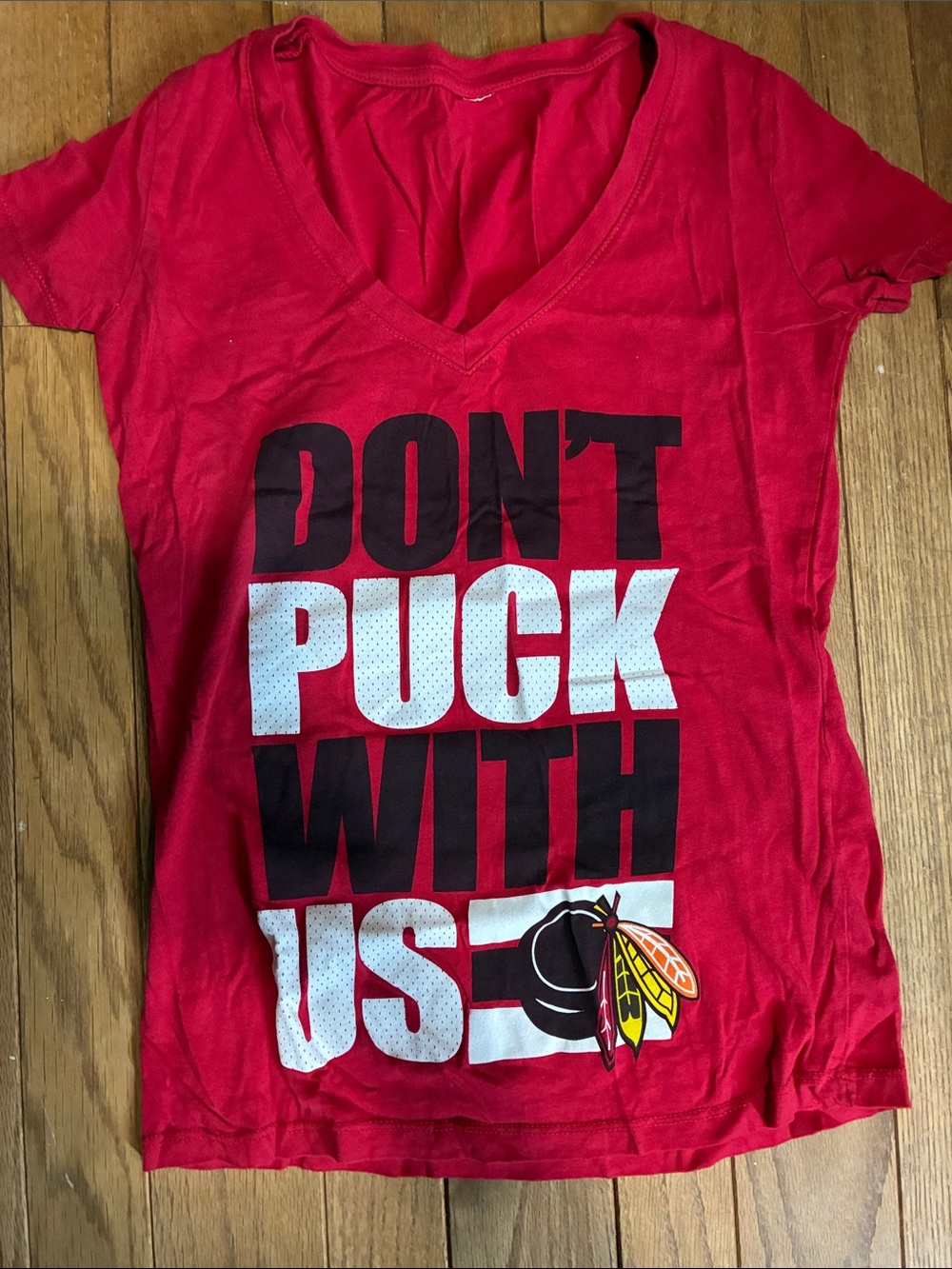 Red "Don't Puck With Us" Blackhawks Graphic Tee